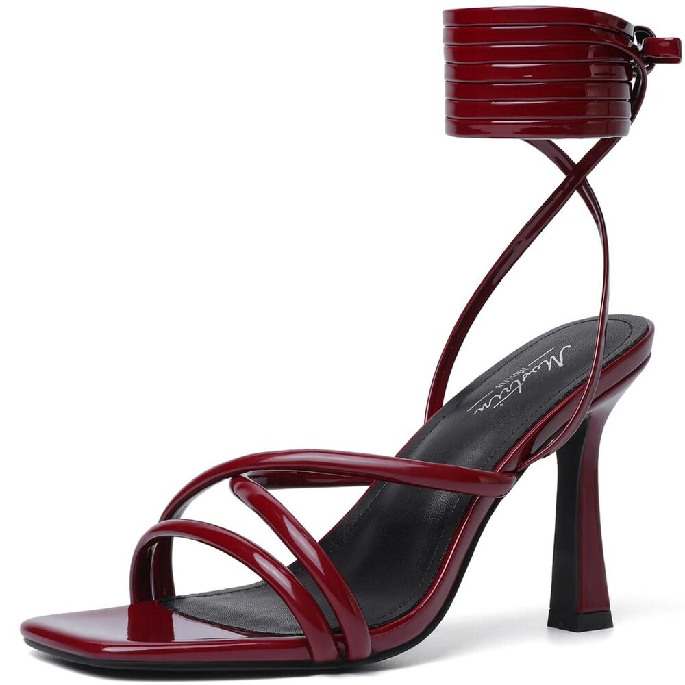 Mostrin Dark Red Heels Burgundy Strappy Heels, 6, SL2-143S002